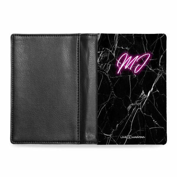 Personalised Black Marble Initial Neon Passport Cover