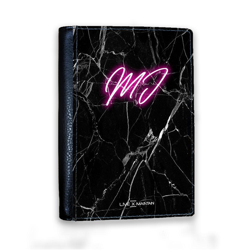 Personalised Black Marble Initial Neon Passport Cover