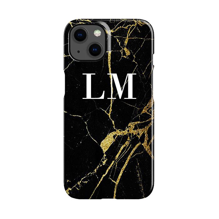 Personalised Black x Gold Marble Initials iPhone 14 Plus Case