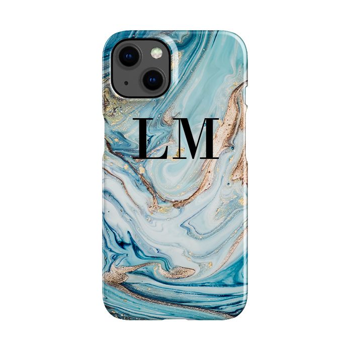 Personalised Blue Emerald Marble initials iPhone 15 Plus Case