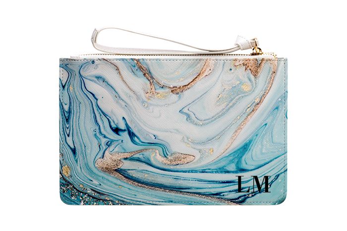 Personalised Blue Emerald Marble Initials Leather Clutch Bag