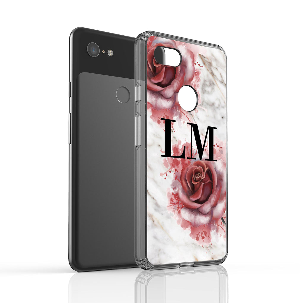 Personalised Floral Rose x White Marble Initials Google Pixel 3 XL Case