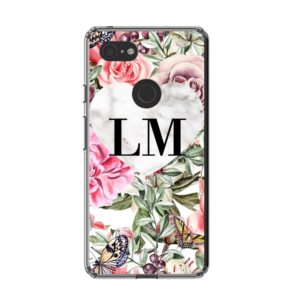 Personalised Floral Marble Heart Initials Google Pixel 3 XL Case