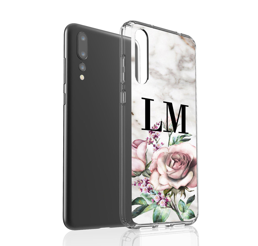 Personalised Floral Rose x Marble Initials Huawei P20 Pro Case