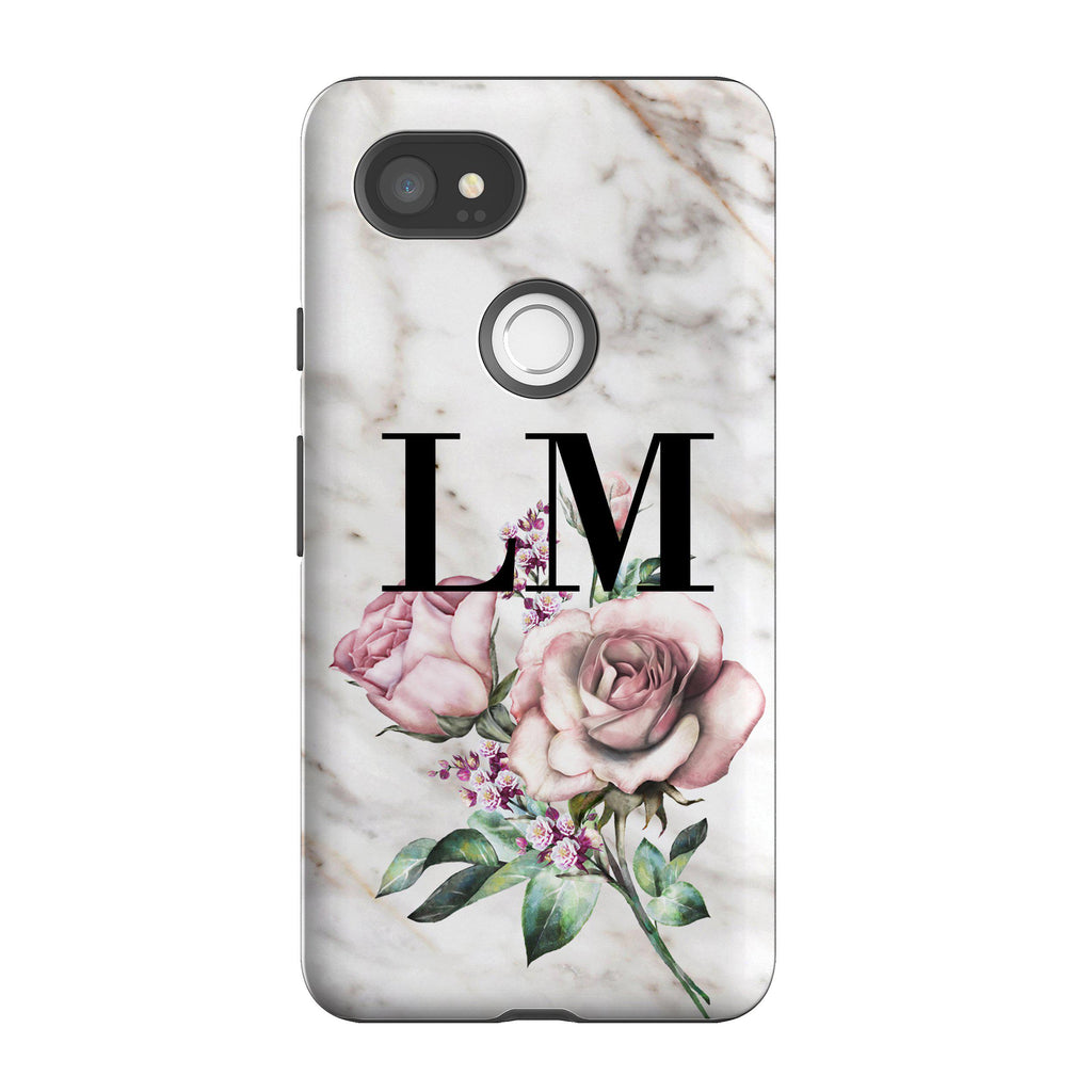 Personalised Floral Rose x Marble Initials Google Pixel 2 XL Case