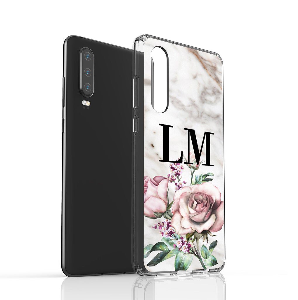 Personalised Floral Rose x Marble Initials Huawei P30 Case