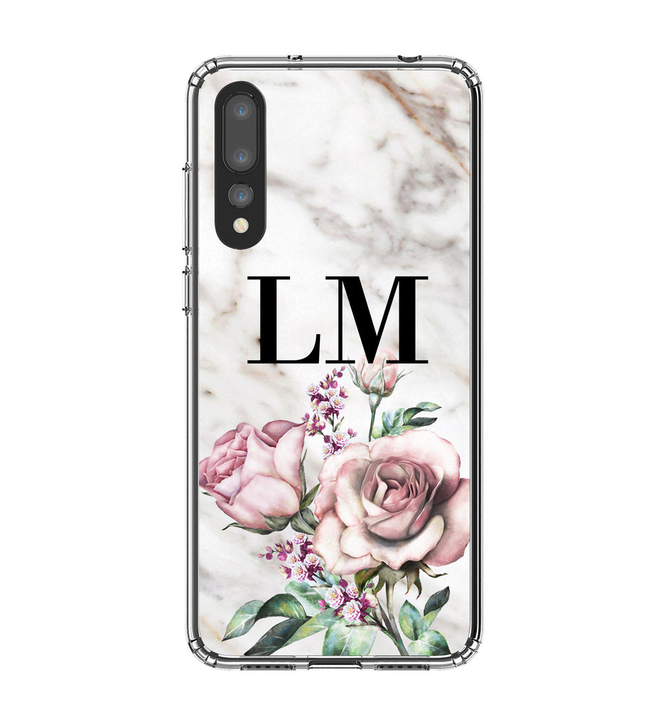 Personalised Floral Rose x Marble Initials Huawei P20 Pro Case