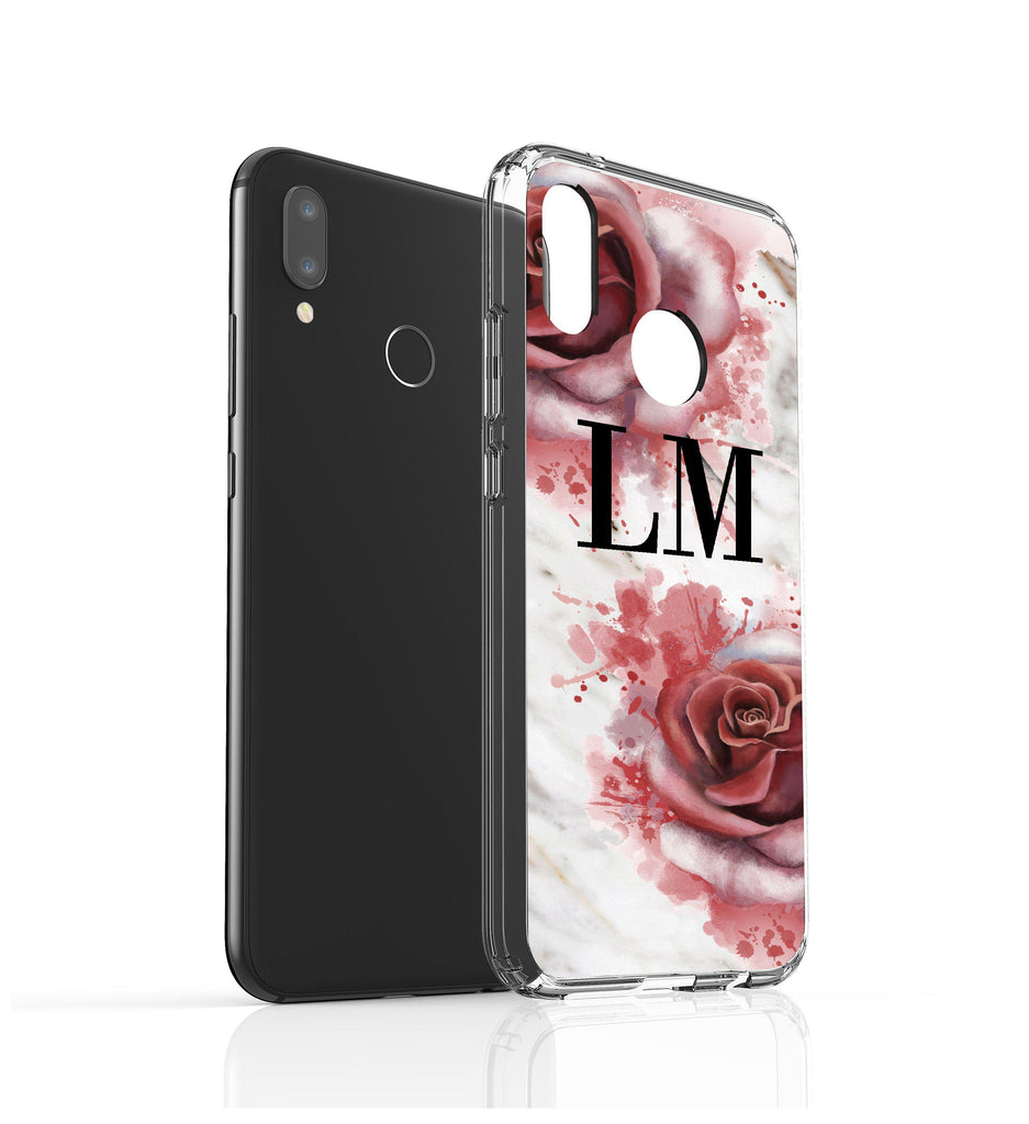 Personalised Floral Rose x White Marble Initials Huawei P20 Lite Case