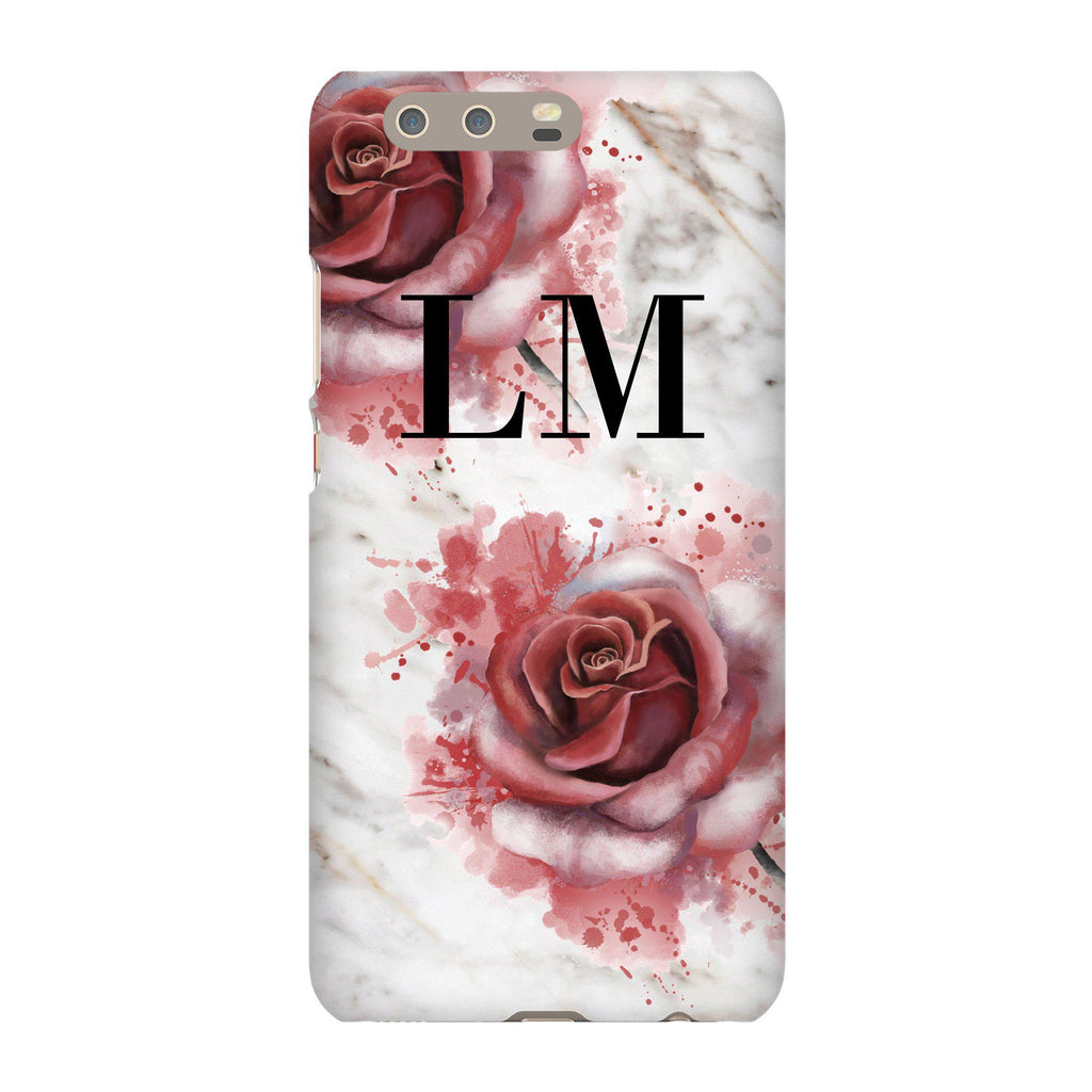 Personalised Floral Rose x White Marble Initials Huawei P10 Plus Case