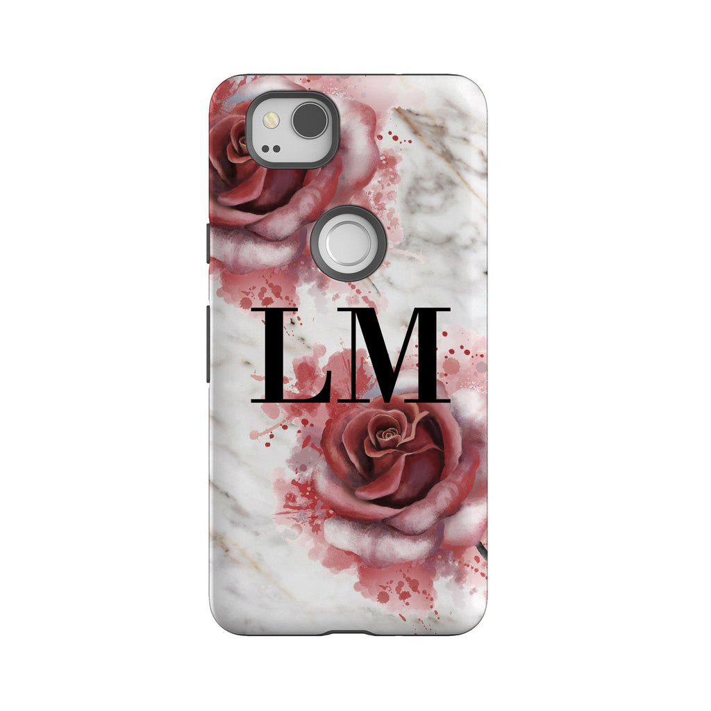 Personalised Floral Rose x White Marble Initials Google Pixel 2 Case