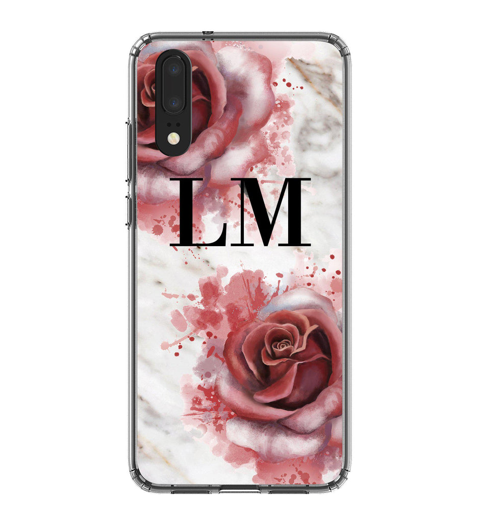 Personalised Floral Rose x White Marble Initials Huawei P20 Case