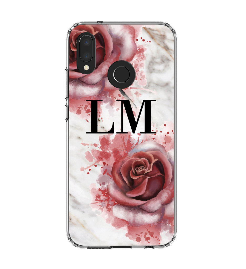 Personalised Floral Rose x White Marble Initials Huawei P20 Lite Case