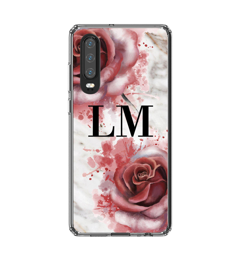 Personalised Floral Rose x White Marble Initials Huawei P30 Case