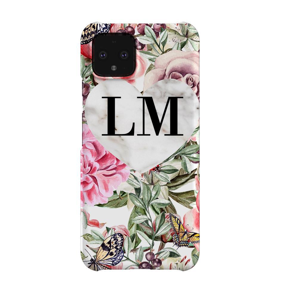 Personalised Floral Marble Heart Initials Google Pixel 4 Case