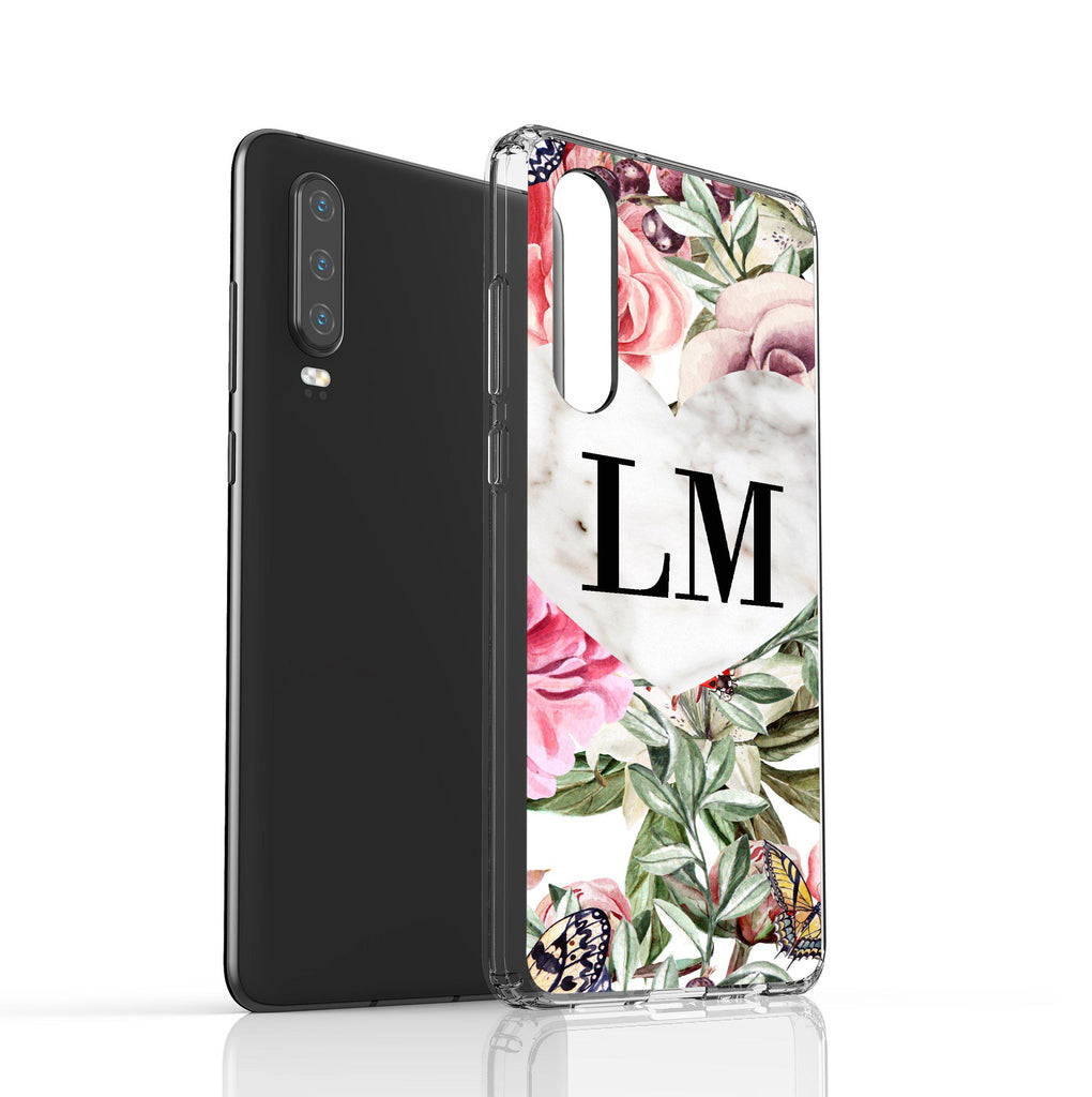 Personalised Floral Marble Heart Initials Huawei P30 Case