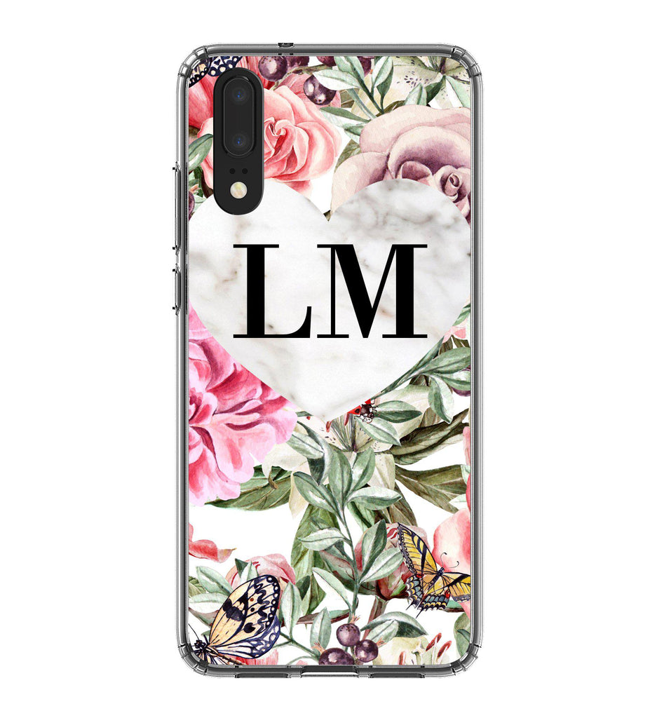 Personalised Floral Marble Heart Initials Huawei P20 Case