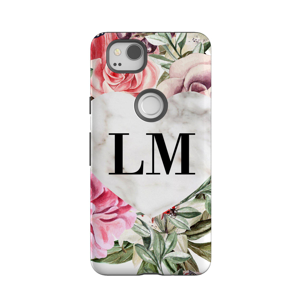 Personalised Floral Heart x Marble Initials Google Pixel 2 Case