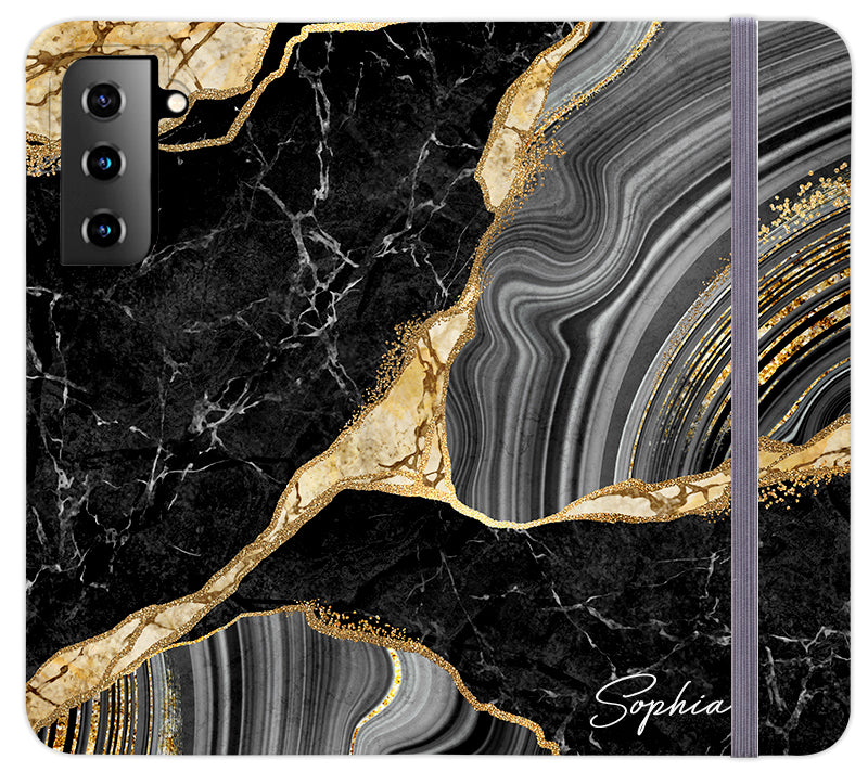 Personalised Black and Gold Marble Name Samsung Galaxy S21 Case