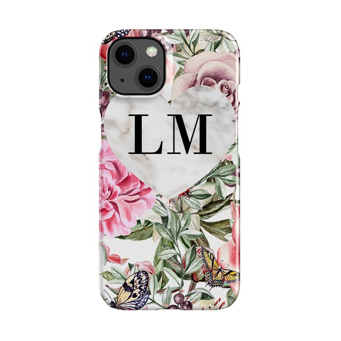Personalised Floral Marble Heart Initials iPhone 14 Plus Case