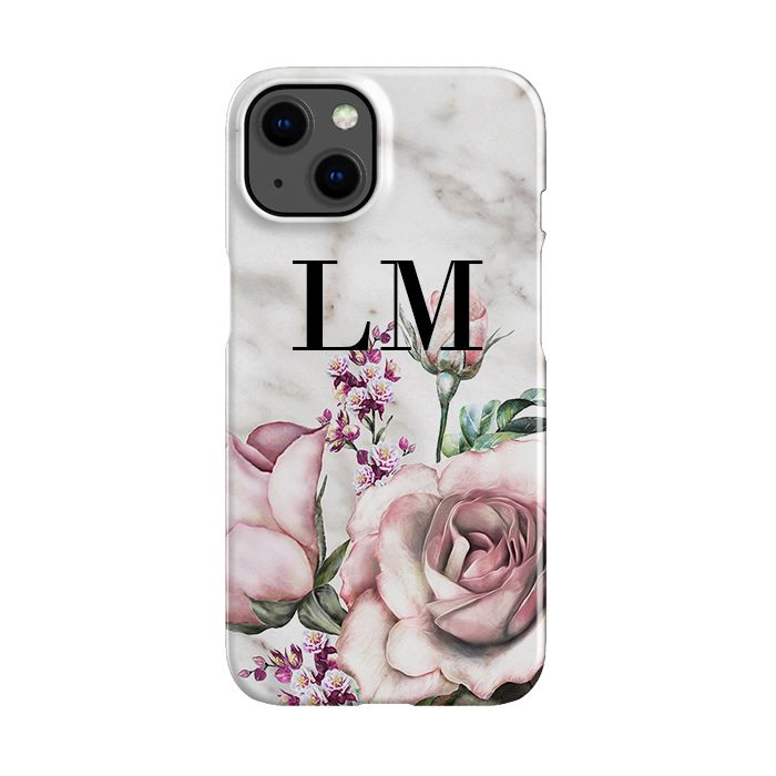 Personalised Floral Rose x Marble Initials iPhone 14 Case