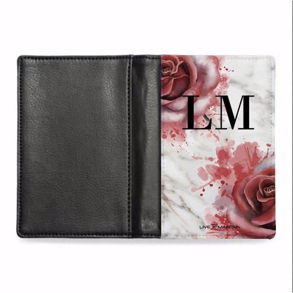 Personalised Floral Rose x White Marble Initials Passport Cover