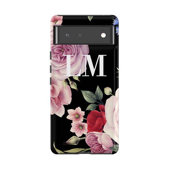 Personalised Black Floral Blossom Initials Google Pixel 6 Case