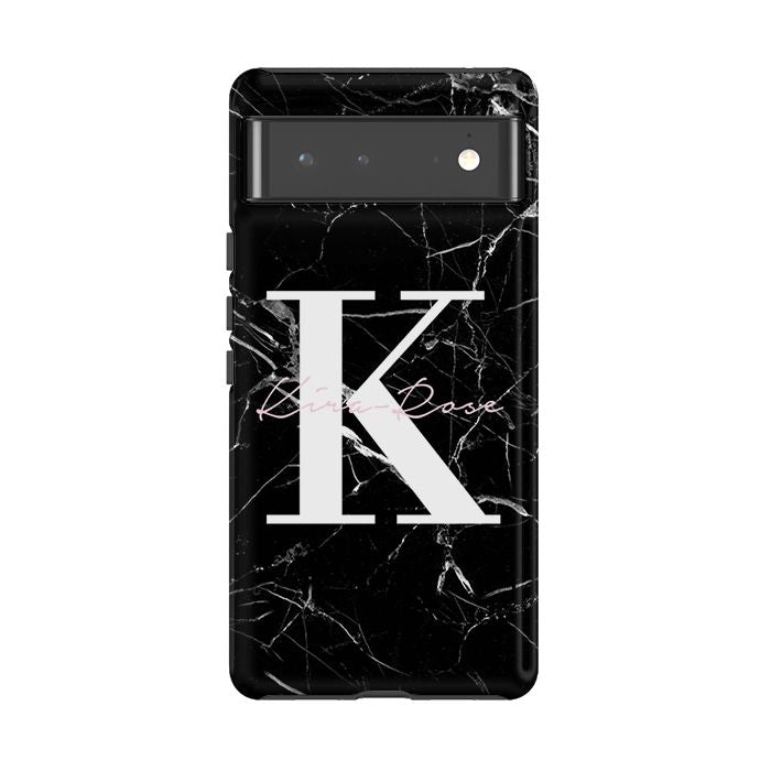 Personalised Black Marble Name Initials Google Pixel 6 Pro Case