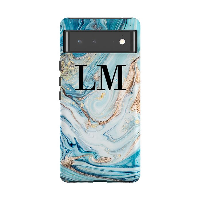 Personalised Blue Emerald Marble initials Google Pixel 6 Case