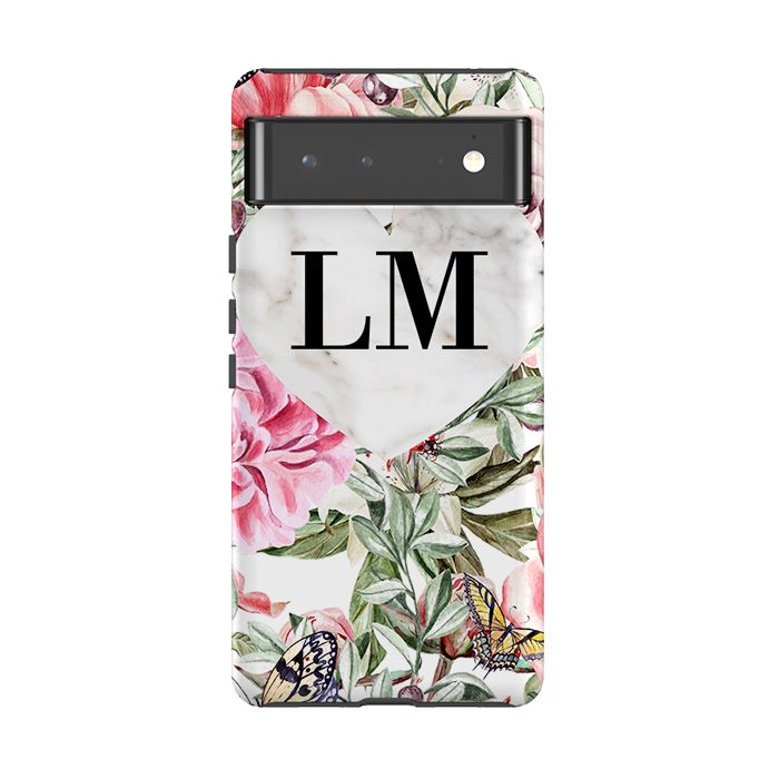 Personalised Floral Marble Heart Initials Google Pixel 6 Pro Case