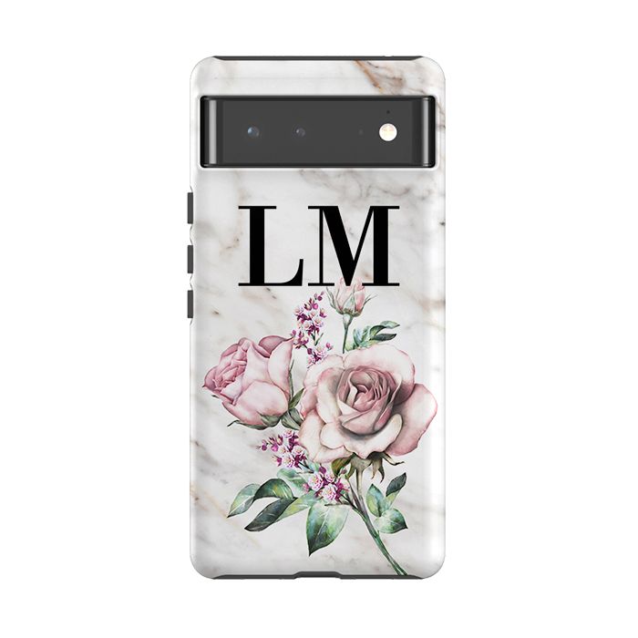 Personalised Floral Rose x Marble Initials Google Pixel 6 Case