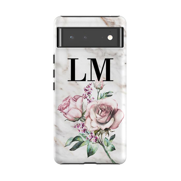 Personalised Floral Rose x Marble Initials Google Pixel 7 Case