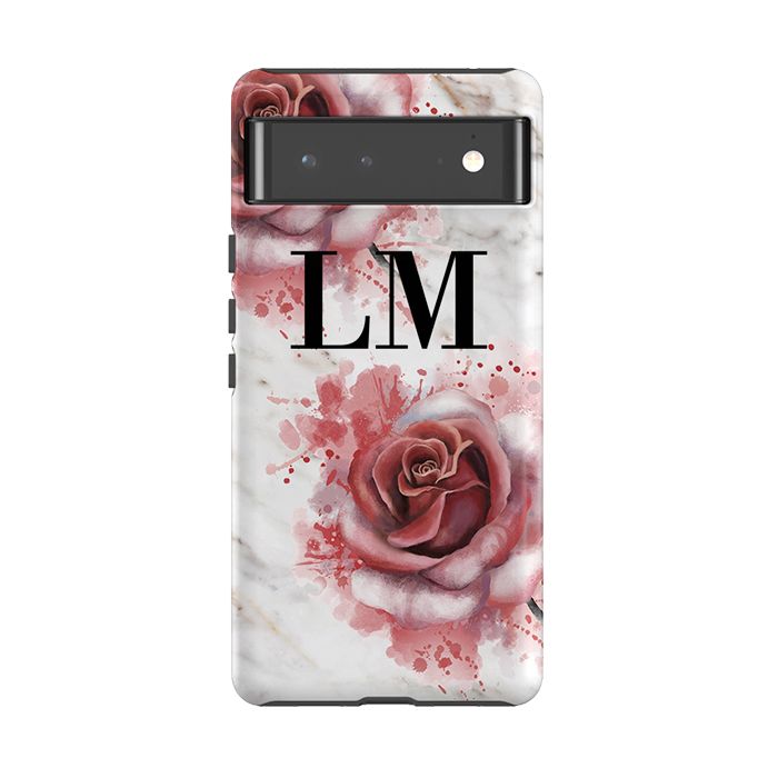 Personalised Floral Rose x White Marble Initials Google Pixel 6 Pro Case