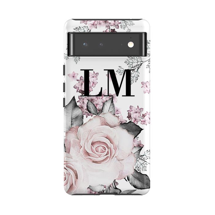 Personalised Pink Floral Rose Initials Google Pixel 6 Case