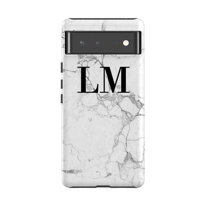 Personalised White Marble x Black Initials Google Pixel 6 Case