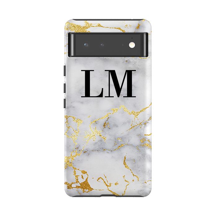 Personalised White x Gold Streaks Marble Initials Google Pixel 6 Case