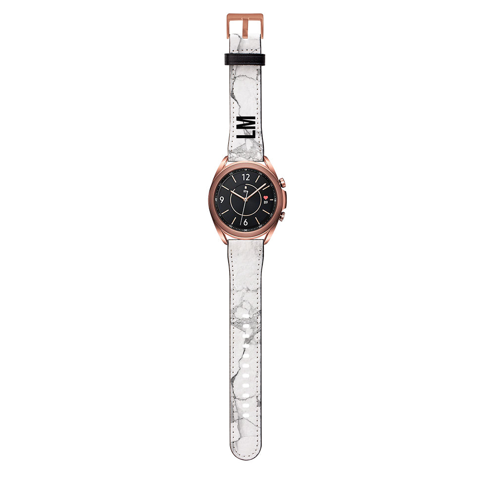 Personalised White Marble x Black Samsung Galaxy Watch3 Strap
