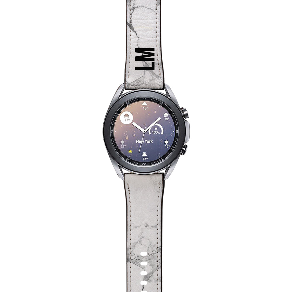 Personalised White Marble x Black Samsung Galaxy Watch3 Strap