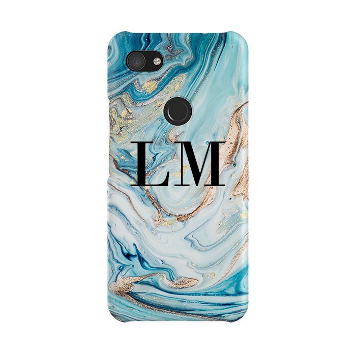 Personalised Blue Emerald Marble initials Google Pixel 3a XL Case