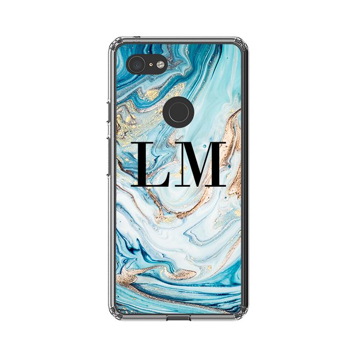 Personalised Blue Emerald Marble initials Google Pixel 3XL Case