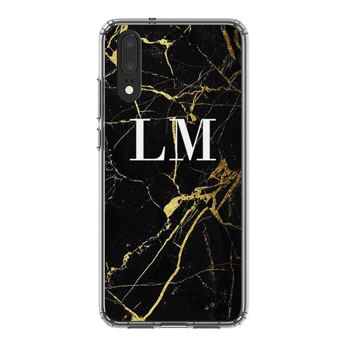 Personalised Black x Gold Marble Initials Huawei P20 Case