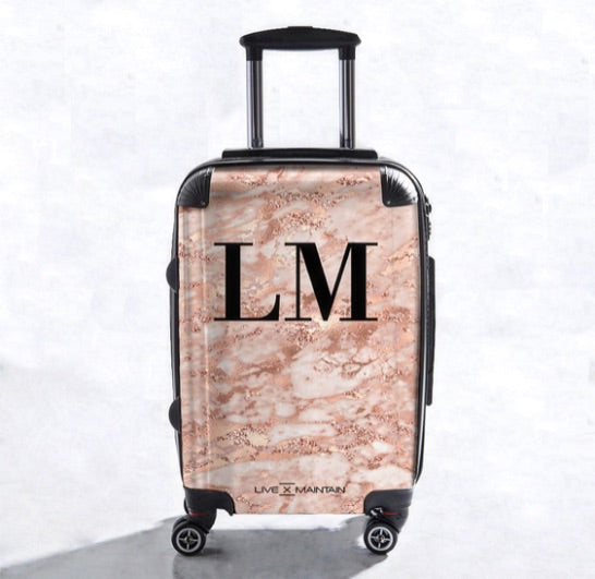 Personalised Rose Gold Streaks Marble Initials Suitcase