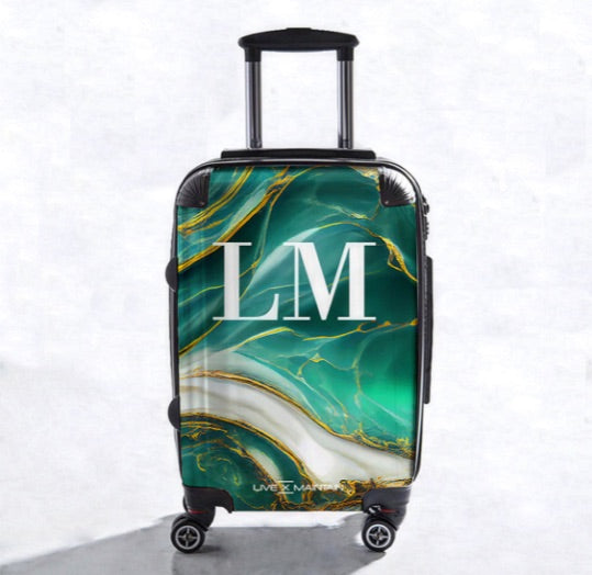 Personalised Suitcase Green Jade Marble Initials Luggage