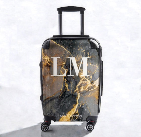 Personalised Black and Gold Ink Marble Initials Suitcase