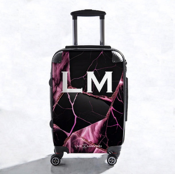Personalised Black and Pink Marble Initials Suitcase