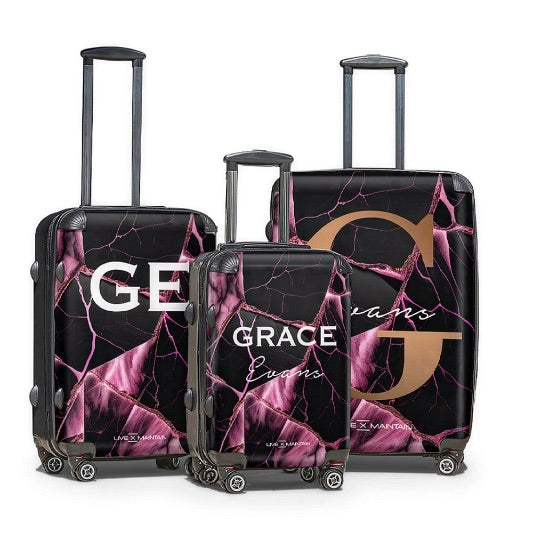 Personalised Black and Pink Marble Initials Suitcase