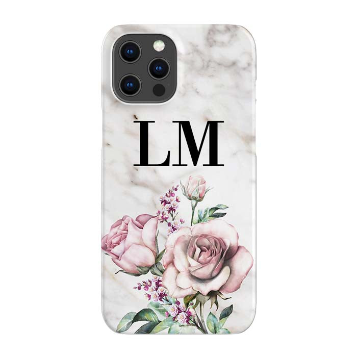 Personalised Floral Rose x Marble Initials iPhone 14 Pro Max Case