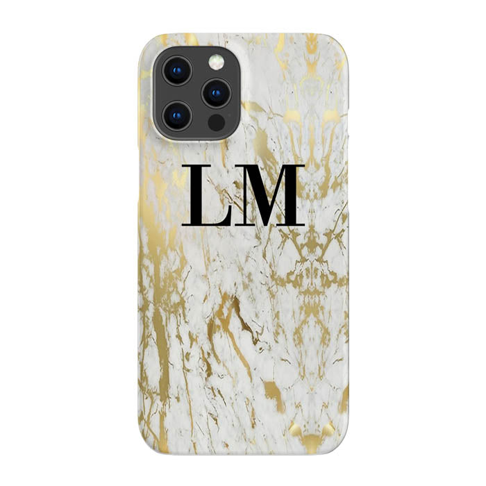 Personalised White x Gold Marble Initials iPhone 14 Plus Pro Case