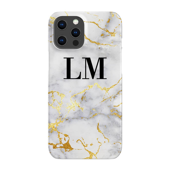 Personalised White x Gold Streaks Marble Initials iPhone 14 Pro Case