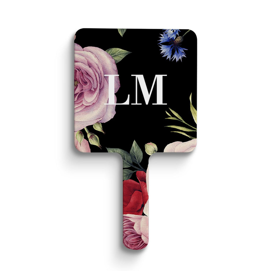 Personalised Black Floral Blossom Initials Handheld Makeup Mirror