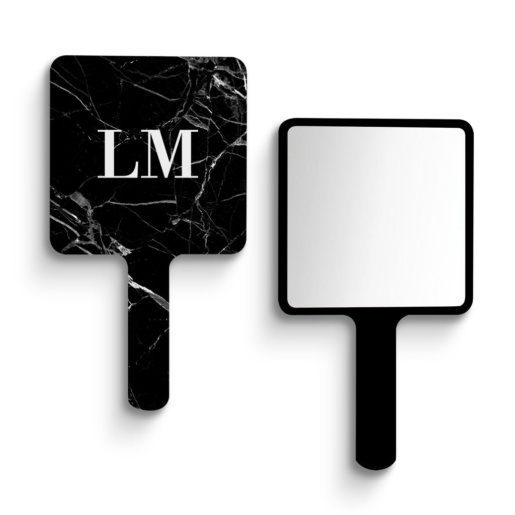 Personalised Black Marble Initials Handheld Makeup Mirror